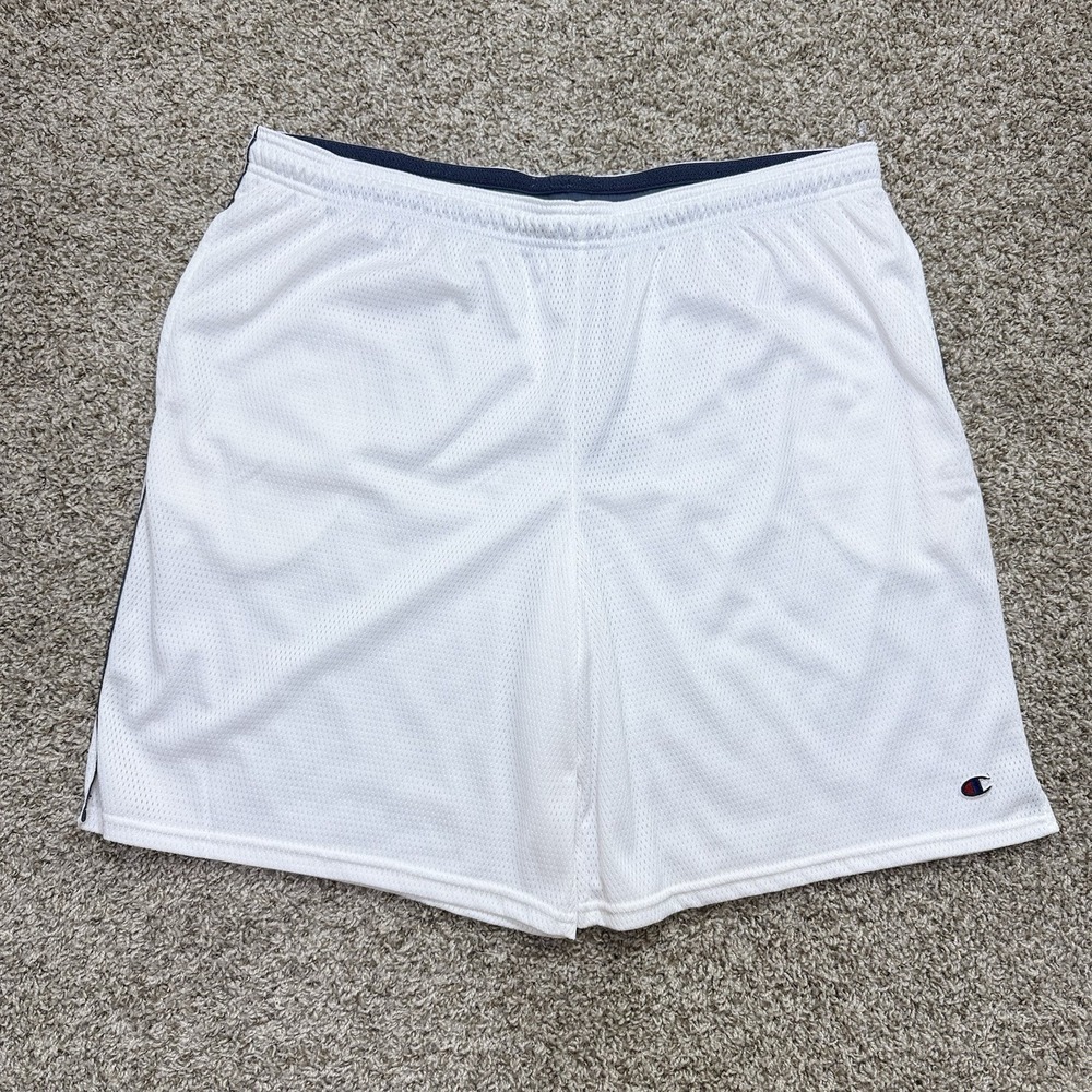 Champion Authentic Mens 2XL White Mesh Basketball Shorts Navy Logo Athletic 8446